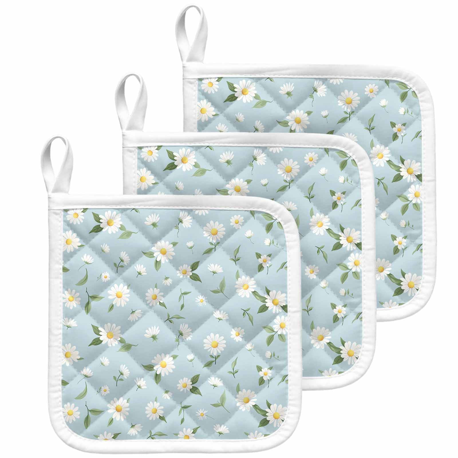 White Daisy Pot Holders for Kitchen Heatproof Potholder, 3 Pack Country Pastoral Spring Botanical Flowers Hot Pads Multipurpose Oven Pads Cloth Potholders Trivet for Cooking Baking