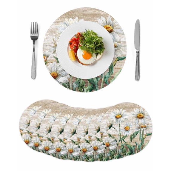 White Daisy Round 15 Inch Placemats Set of 8, Vintage Botanical Spring Floral Summer HeatResistant Non Slip Place Mats for Dining Table, Wipeable Braided Kitchen Table Mats for Housewarming