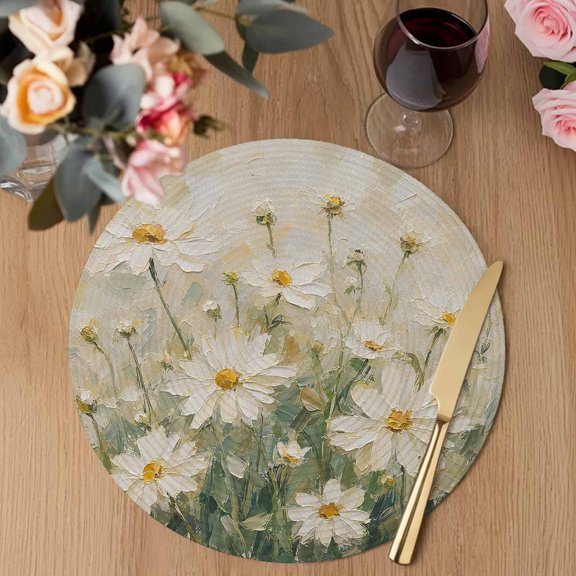 White Daisy Round Braided Placemats Set of 6, Spring Floral Golden Oil Painting Style Shabby Chic Heat Insulation Place Mats Washable Non-Slip Table Mats for Kitchen Dining Party, 15 Inches