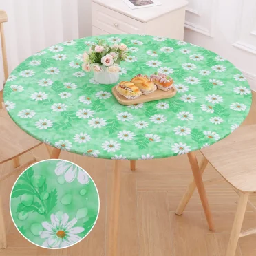 White Daisy Round Fitted Tablecloth with Elastic Edge Waterproof Table Cover Round Table Cloth for Dinner Indoor Outdoor