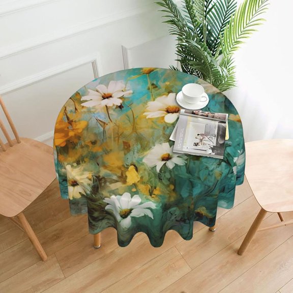 White Daisy Round Table Cloth 60 Inch,Vintage Abstract Art Tablecloth Waterproof Stain Resistance Wrinkle Circle Table Cover for Home Kitchen Dining Party Camping Pinic Decor