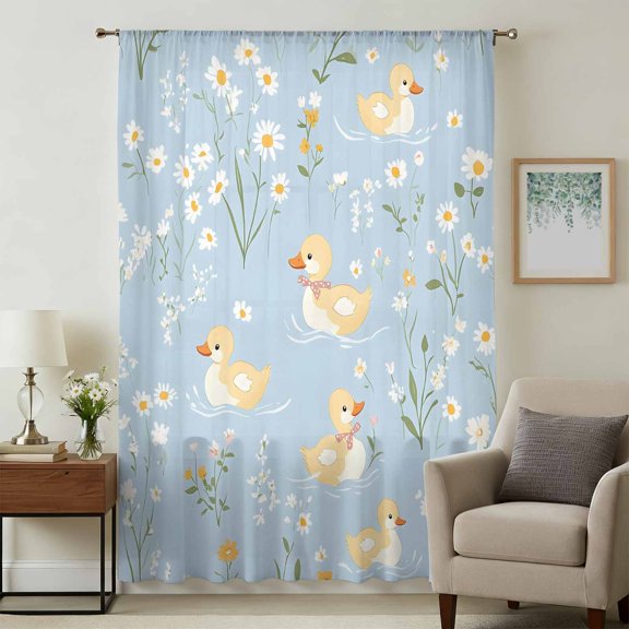 White Daisy Sheer Curtains 96 Inches Long, Spring Floral Duck Greenery Blue Light Filering Curtains, Privacy Drapes Simi Floor to Veiling Curtain for Living Room Bedroom Large Window Treatment
