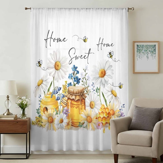 White Daisy Sheer Curtains 96 Inches Long, Spring Floral Elegant Farmhouse Botanical Bees Light Filering Curtains, Privacy Drapes Simi Floor to Veiling Curtain for Living Room Window Treatment
