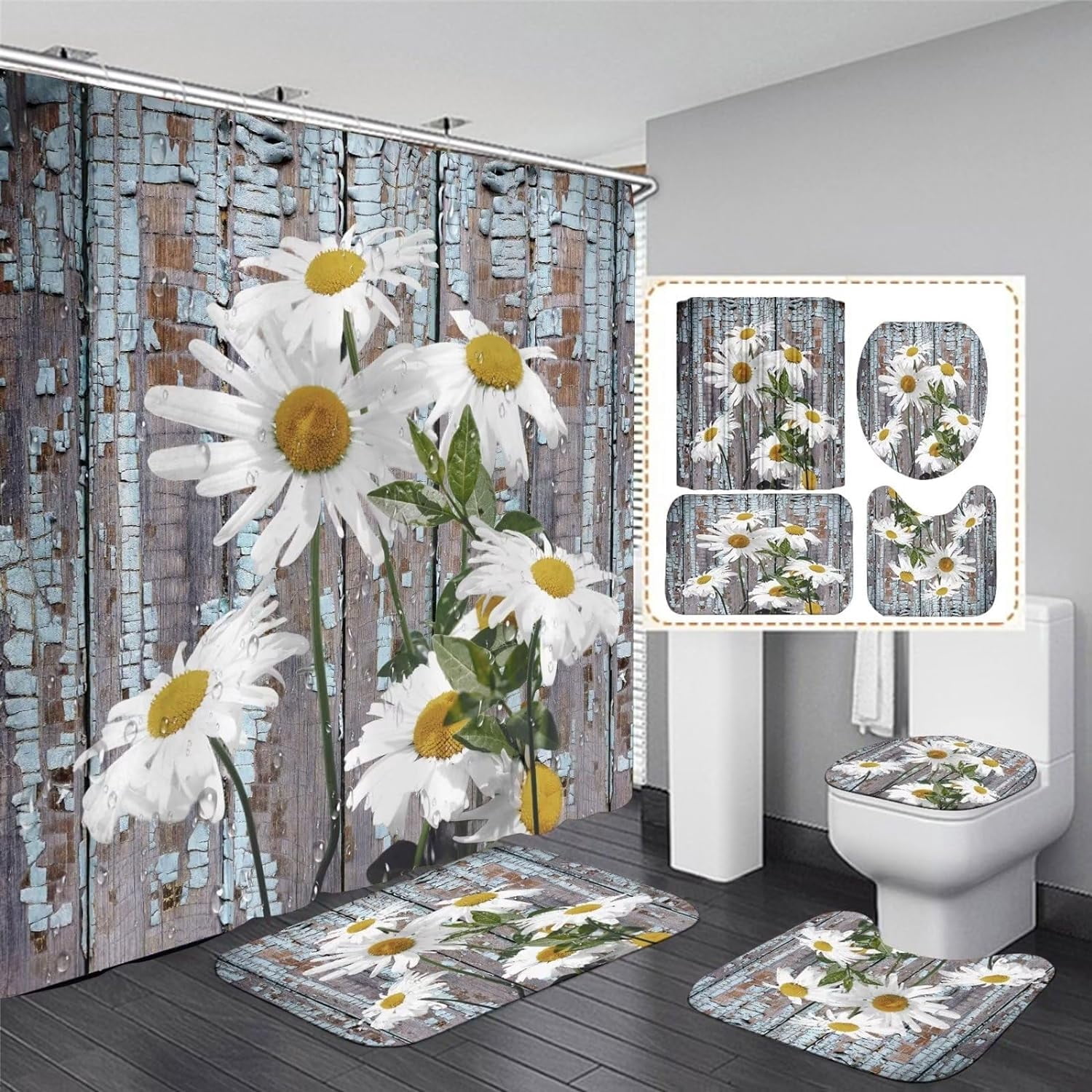 White Daisy Shower Curtain Set – 4-Piece Rustic Farmhouse Bathroom ...