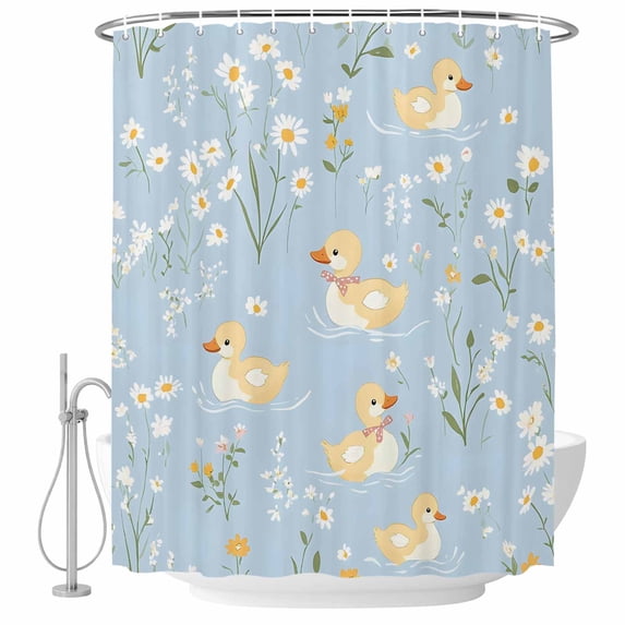 White Daisy Shower Curtain Set - Extra Long 72" x 96" Washable Bathtub Curtain with 12 Hooks, Spring Floral Duck Greenery Blue Waterproof Fabric Stall Shower Curtains for Bathroom/Bathtub Décor