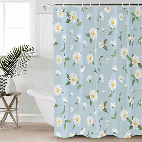 White Daisy Shower Curtain Set, Waterproof Shower Curtains for Bathroom, Country Pastoral Spring Botanical Flowers Washable Fabric Cloth Bath Curtain for Bathtub Decoration with Hooks 72x78 Inches