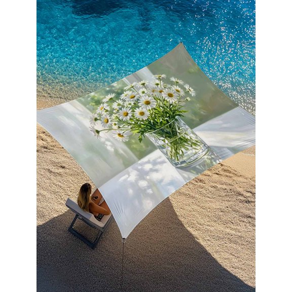 White Daisy Sun Shade Sail 6.5' x 10', Summer Spring Oil Painted Floral Vase Rectangle Outdoor Sunshade Canopy, Waterproof UV Block Patio Covers for Garden Yard Beach