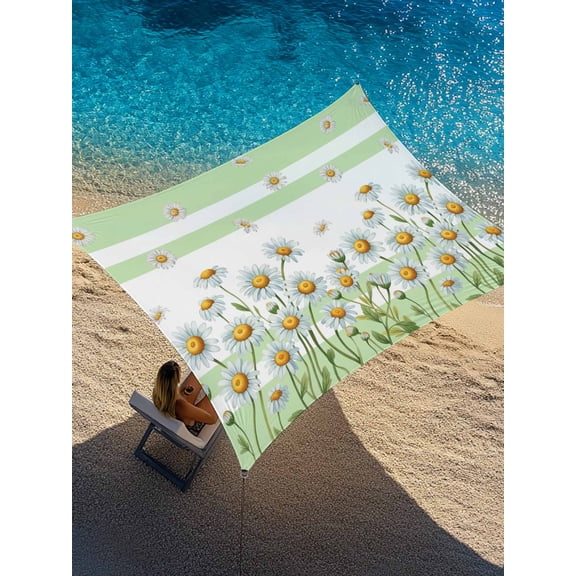 White Daisy Sun Shade Sail 8' x 10', Spring Florals Floral Green Striped Countryside Rectangle Outdoor Sunshade Canopy, Waterproof UV Block Patio Covers for Garden Yard Beach