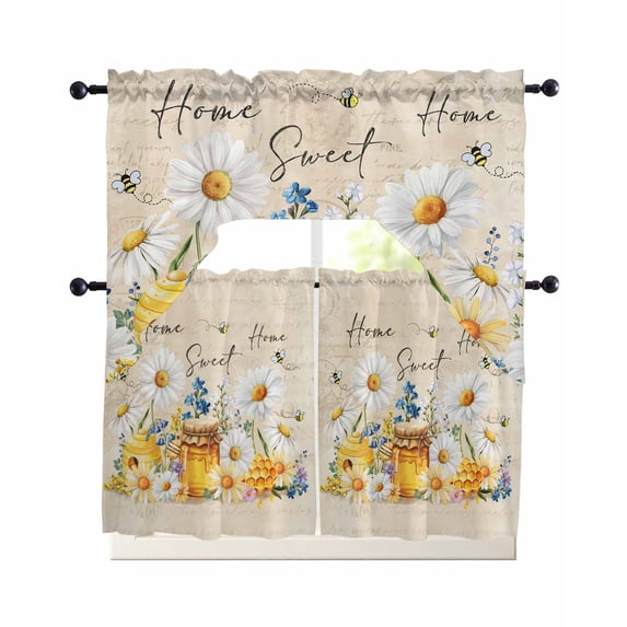 White Daisy Swag Curtains for Living Room/Bedroom Windows, Spring Floral Bees Elegant Pastoral Botanical Kitchen Curtains and Valances Set 36 Inch Length, Light Filtering Swags Valance Curtain Panels
