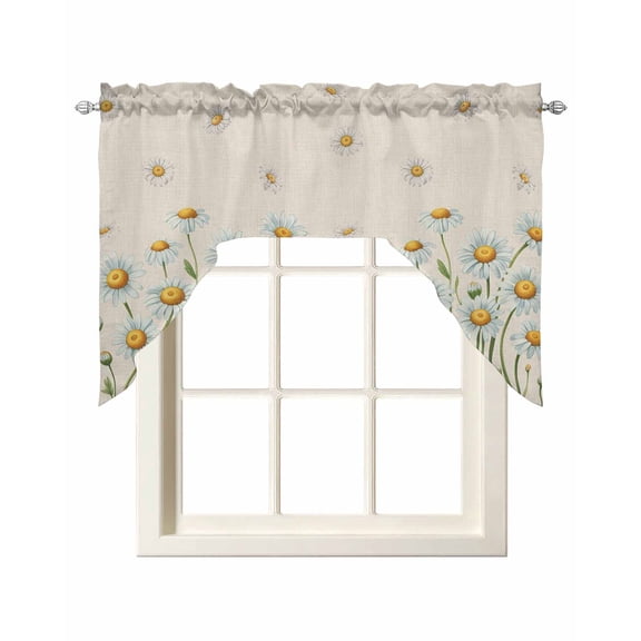 White Daisy Swag Valances for Windows 56 x 36 Spring Florals Floral Vintage Linen Texture Rod Pocket Light Filtering Window Topper for Kitchen Bathroom Bedroom Living Room