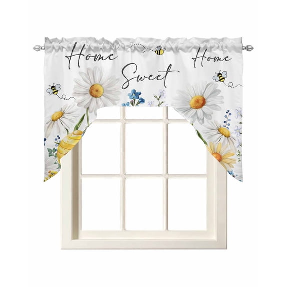 White Daisy Swag Valances for Windows, Small Curtains Drapes, Spring Floral Elegant Farmhouse Botanical Bees Kitchen Window Curtains Over Sink Window Treatment Valance for Bedroom/Bathroom 56"x36"