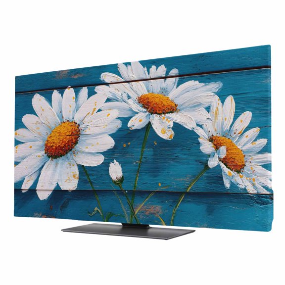 White Daisy TV Cover for 24 Inch Screen,Stretch Fabric Dustproof TV Display Protector,Farmhouse Watercolor Flowers Blue Wooden Grain Elastic Slipcover Monitor Cover for Indoor Computer 20.9"x11.8"