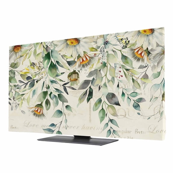 White Daisy TV Cover for 24 Inch Screen,Stretch Fabric Dustproof TV Display Protector,Spring Floral Eucalyptus Leaves Summer Botanical Elastic Slipcover Monitor Cover for Indoor Computer 20.9"x11.8"