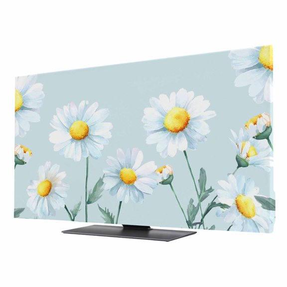 White Daisy TV Dust Cover 24 Inch, Country Farm White Floral Daisy Plant Light Blue Computer Monitor Cover Dustproof Stretchable Indoor TV Screen Protector for LED LCD Universal Monitors