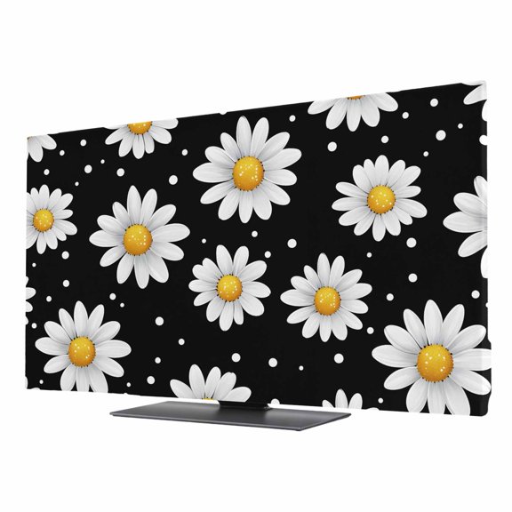 White Daisy TV Dust Cover 24 Inch, Flowers Black Background Modern Art Computer Monitor Cover Dustproof Stretchable Indoor TV Screen Protector for LED LCD Universal Monitors
