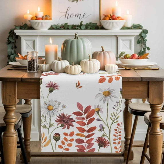 White Daisy Table Runner, Autumn Thanksgiving Kitchen Dining Table Decoration for Home Party Decor 13x60 Inches