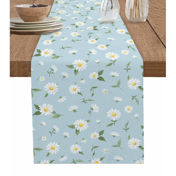 White Daisy Table Runner Cotton Linen 120 Inch Holiday Dresser Scarves, Country Pastoral Spring Botanical Flowers Tablerunner for Kitchen Coffee Dining Bedroom Dinner Scarf Décor 13''x120''