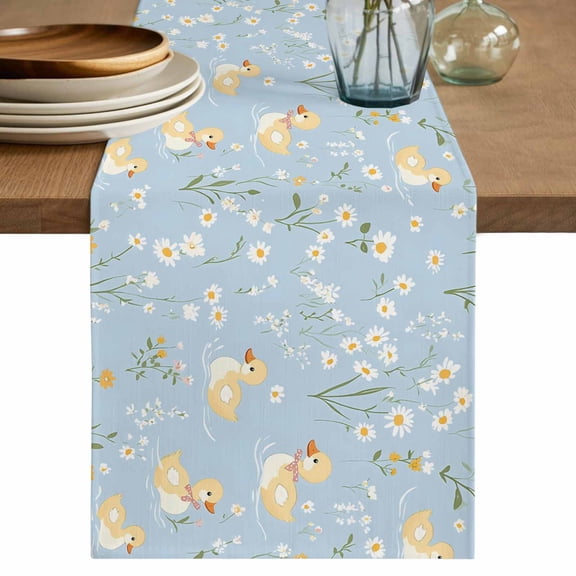 White Daisy Table Runner, Spring Floral Duck Greenery Blue Washable Cotton Linen Table Runners 36 Inches Long, Dresser Scarf Runner for Nightstand/End Tables/Round Tables 13''x36''