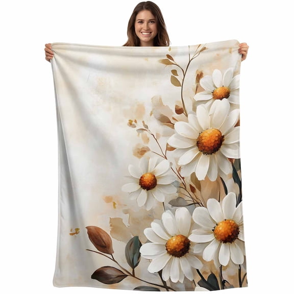 White Daisy Throw Blankets, Watercolor VintageFloral Wildflowers Soft Fleece Blanket Decorative for Home Sofa Couch Chair Living Bedroom, 50x60 inches,