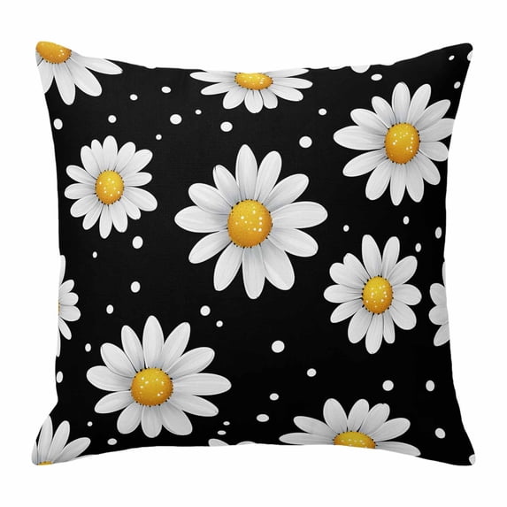 White Daisy Throw Pillow Cover Flowers Black Background Modern Art Cotton Linen Cushion Cover Throw Pillow Case with Invisible Zipper for Couch Sofa Bed Chair Car 16x16 Inch