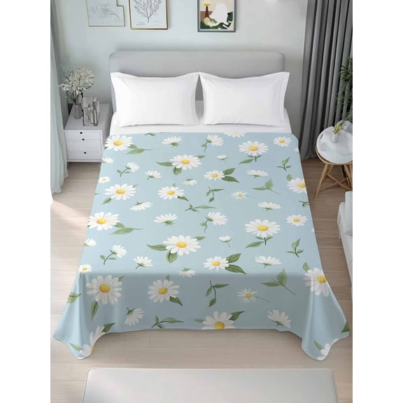 White Daisy Twim Size Flat Sheet, Wrinkleproof & Fadeproof Cooling Flat Bed Sheet Only, Country Pastoral Spring Botanical Flowers Breathable Soft Bedding Top Sheets 66 x 96 Inches