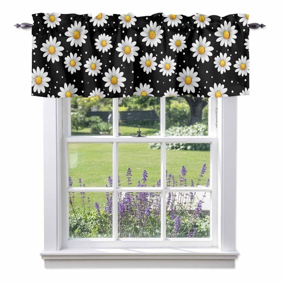 White Daisy Valance Curtain Flowers Black Background Modern Art Window Valances Rod Pocket Short Curtains Window Treatments for Kitchen Bedroom Bathroom Laundry 42" x 12"