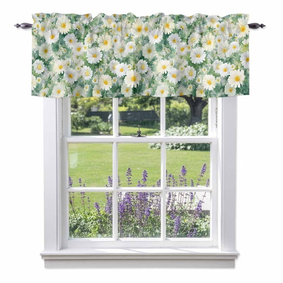 White Daisy Valance Curtain for Windows Watercolor Flower Green Leaf Spring Floral Farm Rod Pocket Curtain Valances Short Window Treatments Panels for Kitchen Bathroom Laundry Basement 42 x 12 Inch