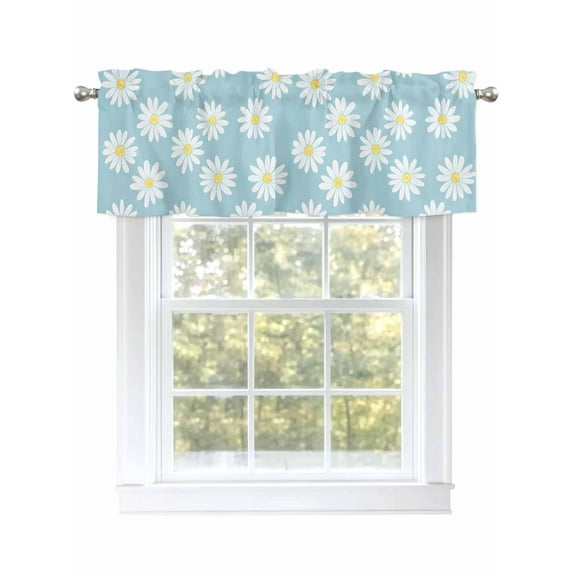 White Daisy Valances for Windows Flowers Blue Background Minimalist Modern Art Kitchen Valance Curtain Rod Pocket Small Curtains for Cafe Bathroom Laundry Basement 42" x 12"