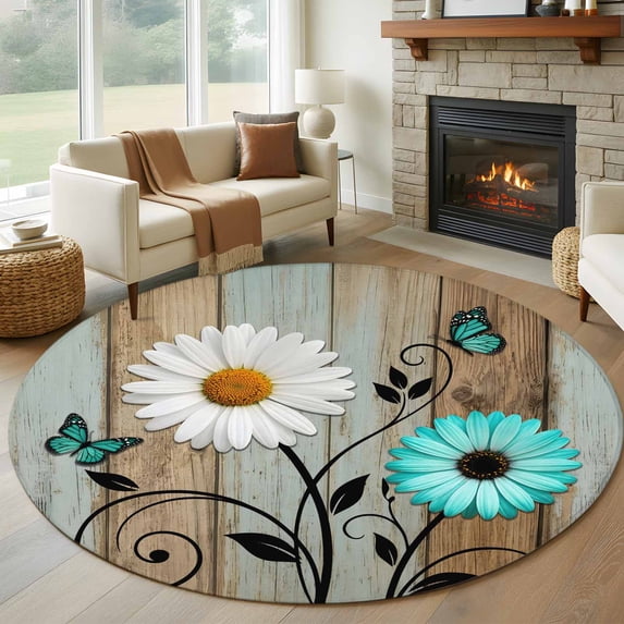 White Daisy Washable Round Area Rug 6 ft, Teal Flower Gray Wood Striped Butterfly Vintage Country , Soft Non Slip Rugs Stain Repellent Indoor Felt Carpet for Living Dining Room Bedroom Home Office