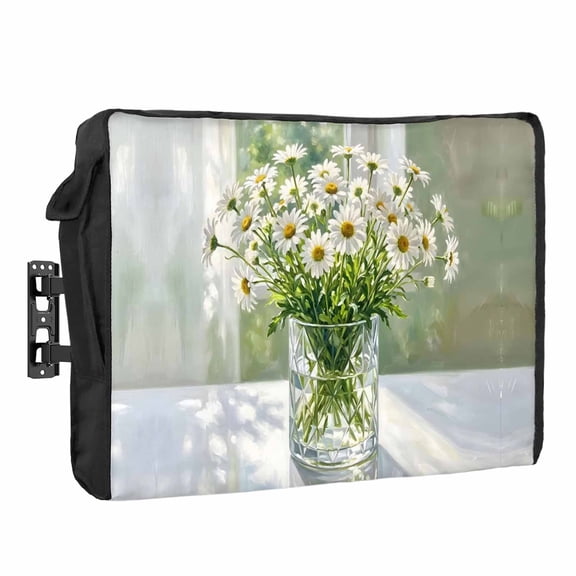 White Daisy Waterproof Outdoor TV Cover, Summer Spring Oil Painted Floral Vase Outside Weatherproof TV Enclosures for 80 to 85 Inch LCD Television Shield Flat Screen Protectors