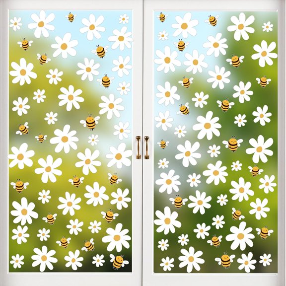 White Daisy Window Clings with Bees, 144Pcs Boho Daisy Floral Window Decals Stickers for Glass Windows for Spring Summer Home Office School Decorations