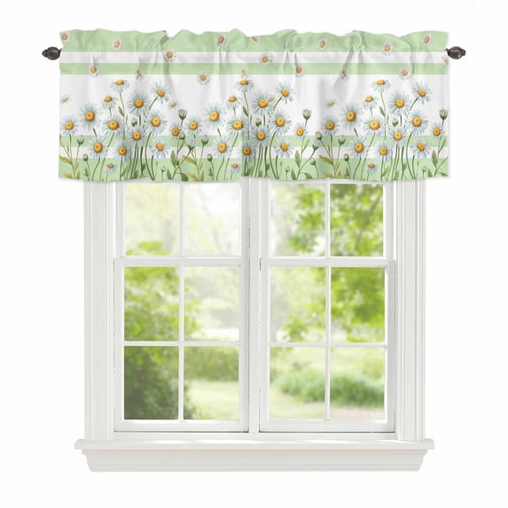 White Daisy Window Valance for Kitchen, Spring Flowers Floral Green Striped Countryside Rod Pocket Short Curtain for Small Windows, Light Filtering Decorative Valance, 56 x 16 Inch
