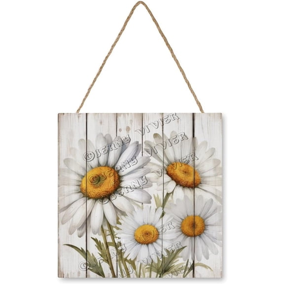 Zomyto 12x12 In Square Hanging Wood Sign White Daisy Wall Hanger Sign Flower Art