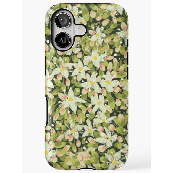 Pink Daisy Print White Daisy and Green Leaf Tough iPhone Case, Dual-Layer Polycarbonate ...