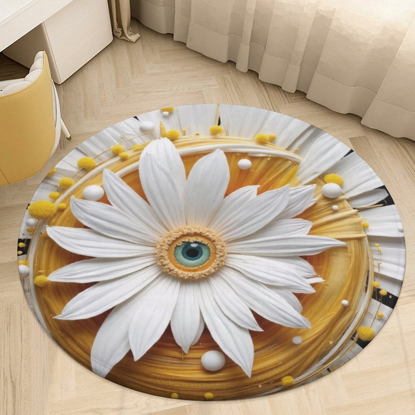 White Daisy with Golden Accents Round Area Rugs for Bedroom Living Room ...