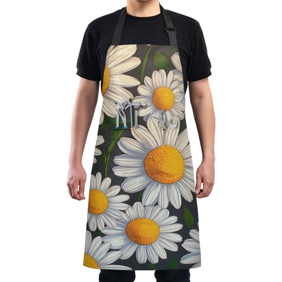 White Daisy with Yellow Heart Chef Kitchen Apron with Pockets for Women Waterproof Aprons for Cooking Baking