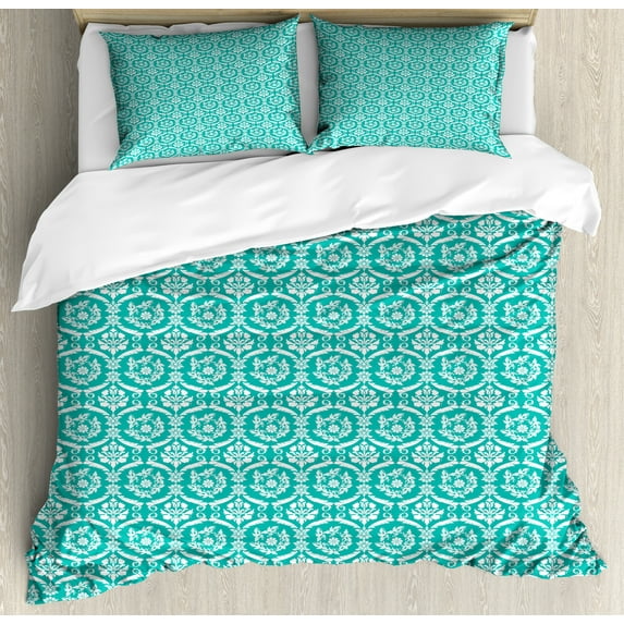 White Damask Duvet Cover Set, Print of Continuing Flower Wreath Like Rounds Sea Tones Vintage Details, Decorative 3 Piece Bedding Set with 2 Pillow Shams, King Size, Dark Seafoam, by Ambesonne