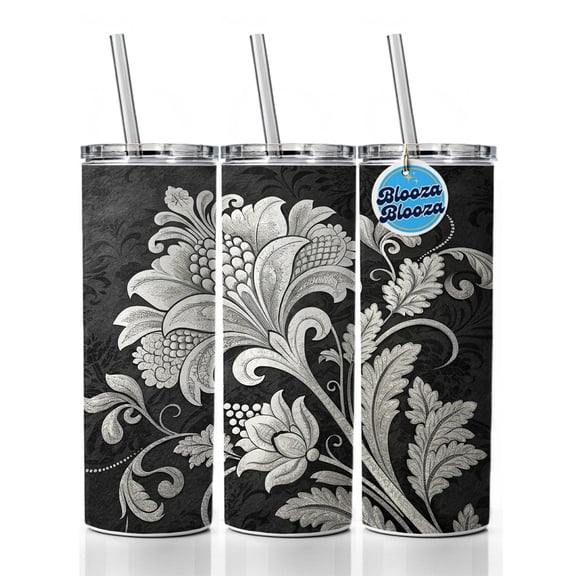 White Damask On Black 20oz Insulated Water Bottle Skinny Tumbler Includes Straw