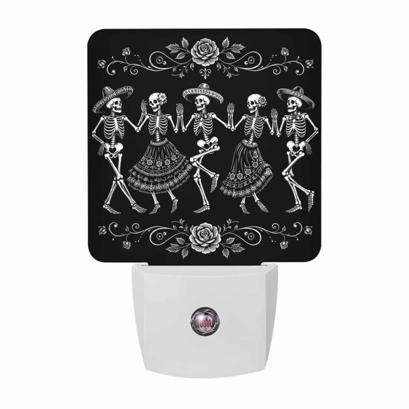 White Dancing Skeletons Night Light, Folk Art Skeleton Dance Floral Border Plug in Night Lights with Dusk to Dawn Sensor, Energy Saving Black LED Nightlight for Bedroom Bathroom, Auto On/Off