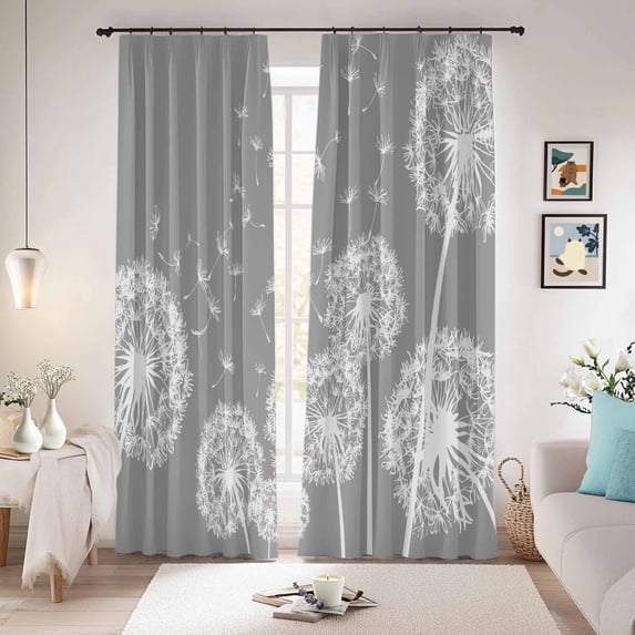 White Dandelion Blackout Curtains for Bedroom/Living Room, Pinch Pleated Black Out Curtains, Spring Plants Flowers Vintage Gray Room Darkening Window Drapes with Hooks 2 Panels, 39"x70"