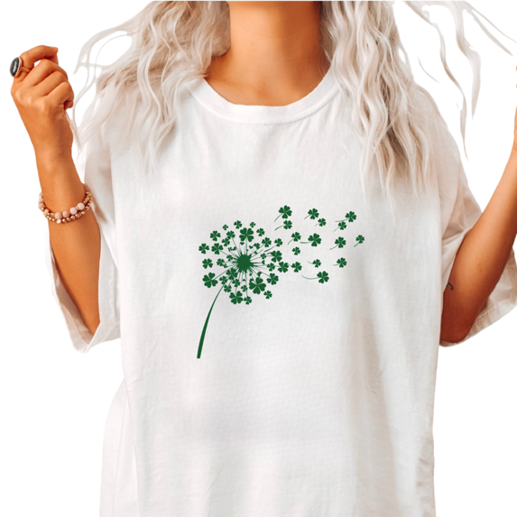 White Dandelion Clover Print Tshirt Graphic Tees Shirts St Patricks Day Relaxed Casual Fashion Comfortable Tops S-5XL
