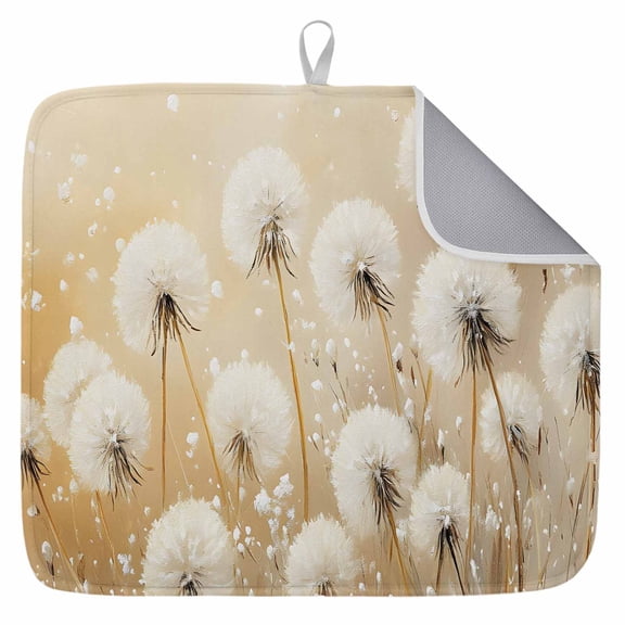 White Dandelion Dish Drying Mat for Kitchen Counter,Country Botanical Floral Flowers Plants Dish Mat Drying Kitchen Mat for Sink Drawer Dishes Drainer Mats Microfiber Drying Pad 1pcs 16"x18"