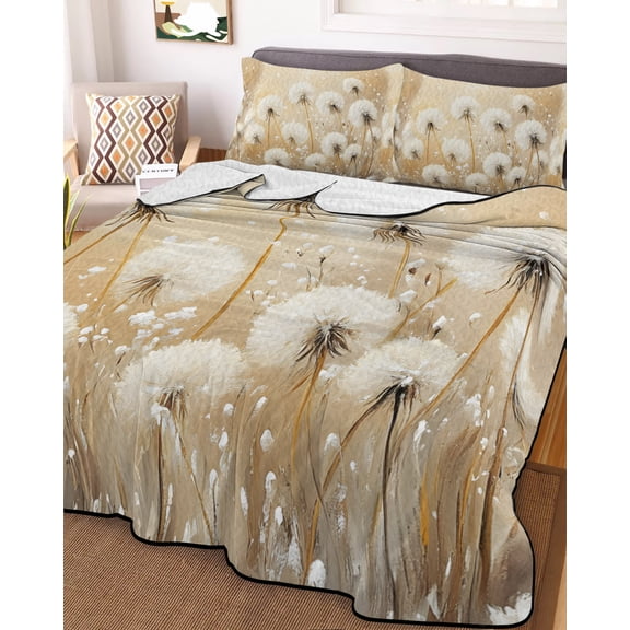 White Dandelion King Size Down Alternative Comforter, Lightweight Comforter Quilt Bedding Set with Pillow Shams Country Botanical Floral Flowers Plants All Seasons Bed Comforter Duvet Insert 96"x106"