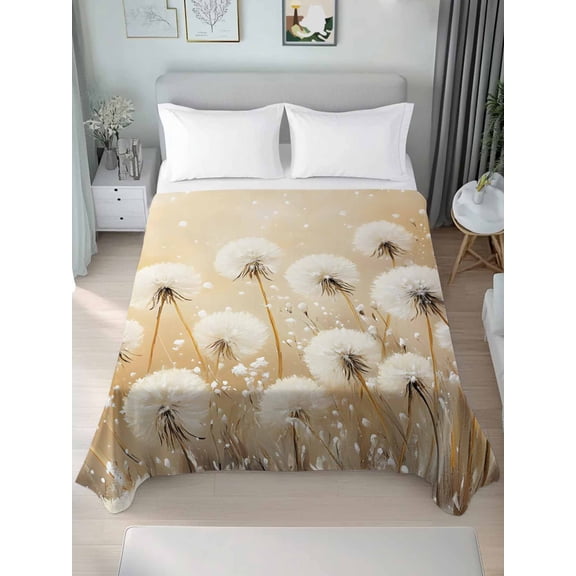 White Dandelion King Size Flat Sheet, Wrinkleproof & Fadeproof Cooling Flat Bed Sheet Only, Country Botanical Floral Flowers Plants Breathable Soft Bedding Top Sheets 105 x 98 Inches