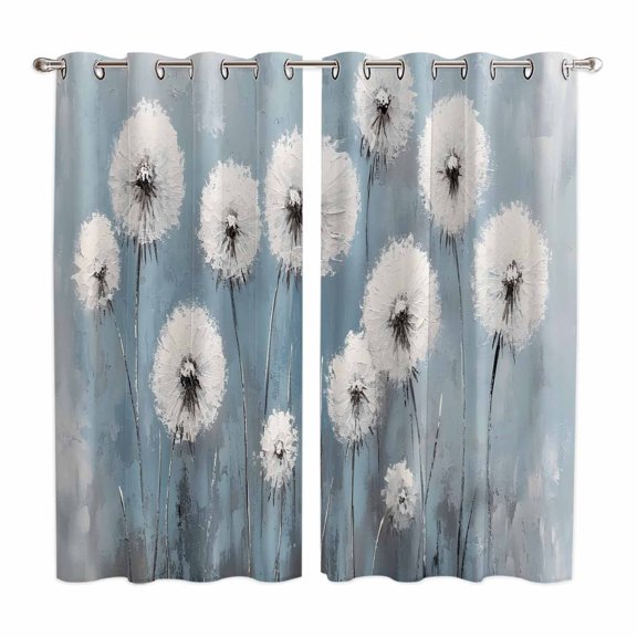 White Dandelion Kitchen Curtains 63 Inch Length, Blue Oil Painting Retro Modern Art Grommet Top Bedroom Living Room Curtains, Light Filtering Cafe Curtain Drapes 2 Panels Set 84''x63''