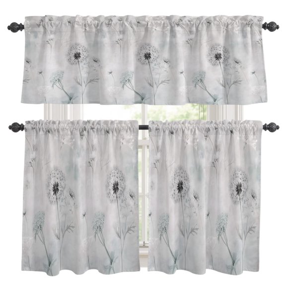 White Dandelion Kitchen Curtains Set for Windows, Retro Flower Leaf Farmhouse Botanical Watercolor Curtains Valance and Tier 3 Piece Set Small Drapes 36 Inch Length for Kitchen Bedroom Decor