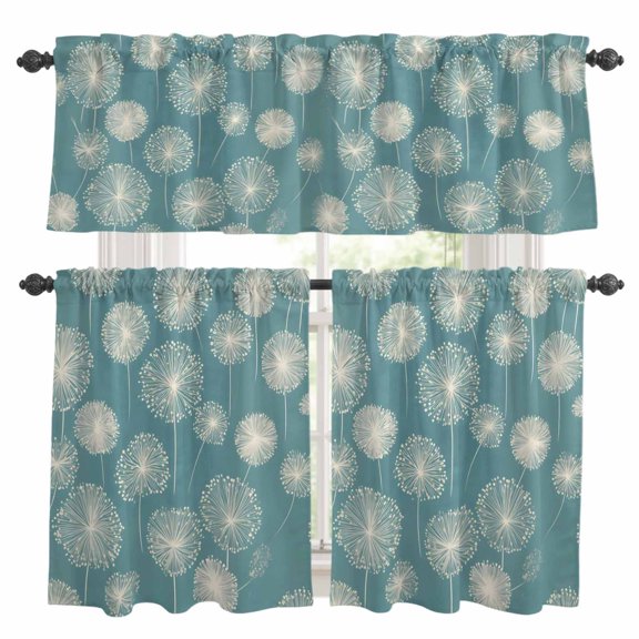 White Dandelion Kitchen Curtains Sets for Windows 24 Inch Length, Pastoral Botanical Floral Blue Rod Pocket Window Treatments Tier Curtains and Valances Set for Bedroom/Bathroom