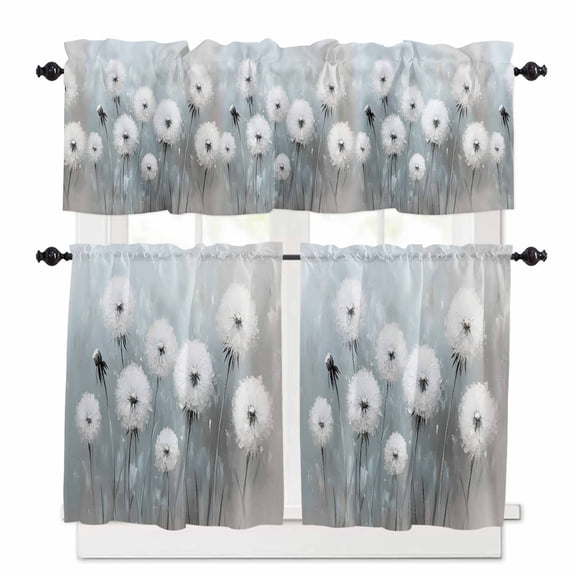 White Dandelion Kitchen Curtains Valances and Tiers Set of 3, 24 Inch Length Tier Curtains and Valance Rod Pocket Valance Curtains Set for Kitchen Bathroom Small Windows