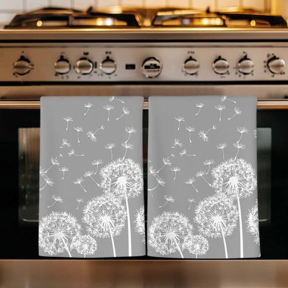 White Dandelion Kitchen Towels Set of 1, Spring Plants Flowers Vintage Gray Absorbent Dish Towels for Kitchen, Microfiber Hand Towel, Quick Drying Tea Towel for Cleaning Decorative Dishcloths