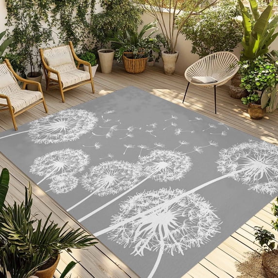 White Dandelion Outdoor Rug for Patio/Deck/Porch, Non-Slip Large Area Rug 5 x 7 Ft, Spring Plants Flowers Vintage Gray Indoor Outdoor Rugs Washable Area Rugs, Reversible Camping Rug Carpet Runner